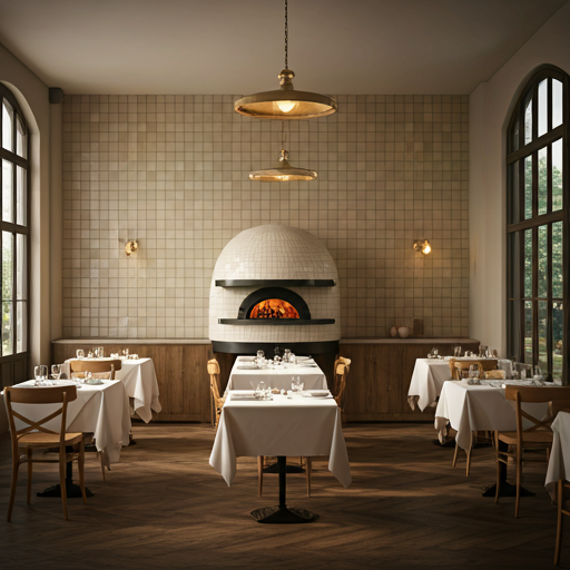 Eleganckie wnętrze Pizzerii Ateńskiej z białymi obrusami i ceglanym piecem