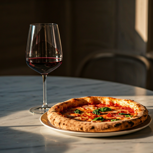 Kieliszek czerwonego wina obok rustykalnej pizzy