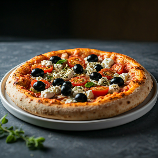 Pizza z oliwkami Kalamata, fetą i konfitowaną cebulą